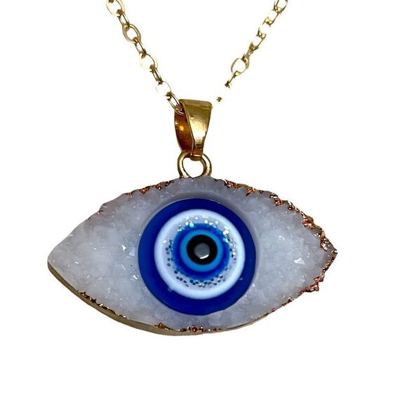 Evil Eye Bohemian Turkish Pendant Necklace w/ Gold Clavicle Chain *New* - Picture 8 of 11